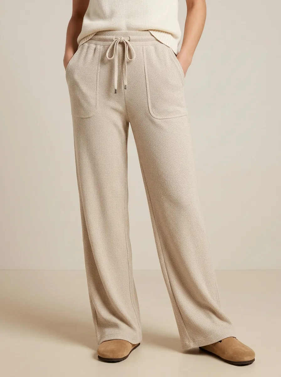 Women's Casual Lounge Waffle Knit Drawstring Wide Leg Pants