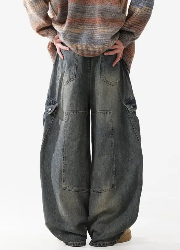 Ultra-Wide Vintage-Wash Cargo-Pocket Jeans