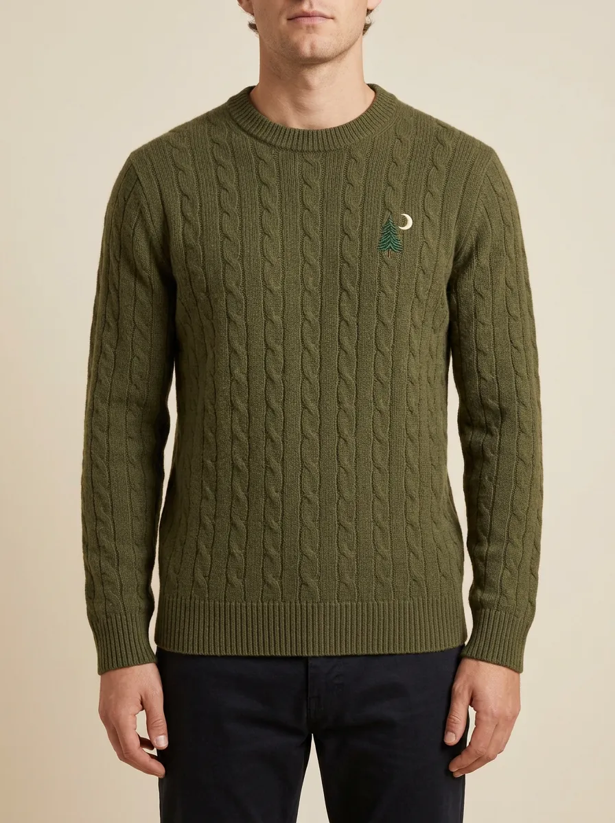 Men's Pine Moon Embroidered Cable-Knit Crewneck Sweater