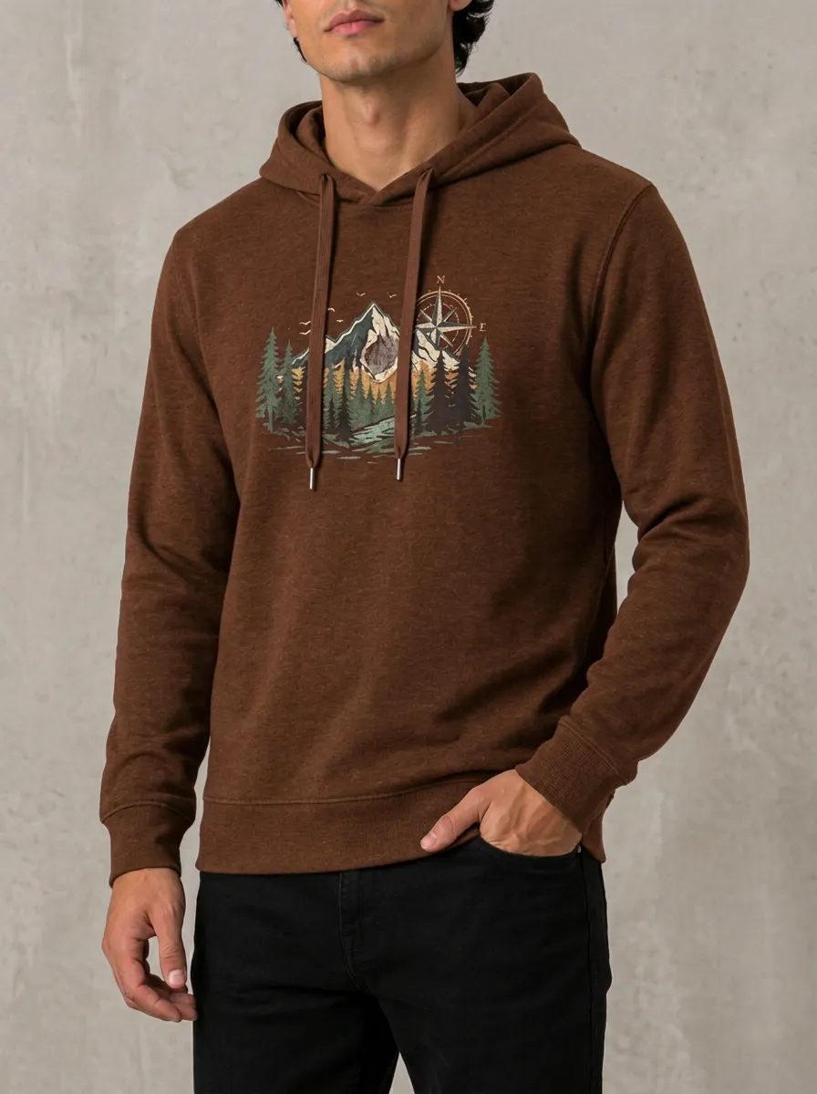 Men's Mountain Compass Graphic Pullover Metal-Aglet Drawcord Hoodie
