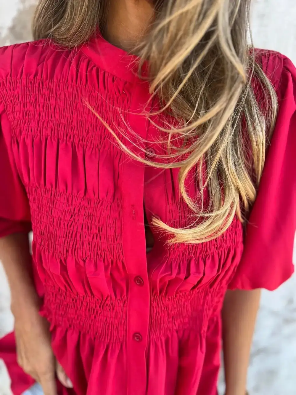 Smocked Puff-Sleeve Buttoned Blouse