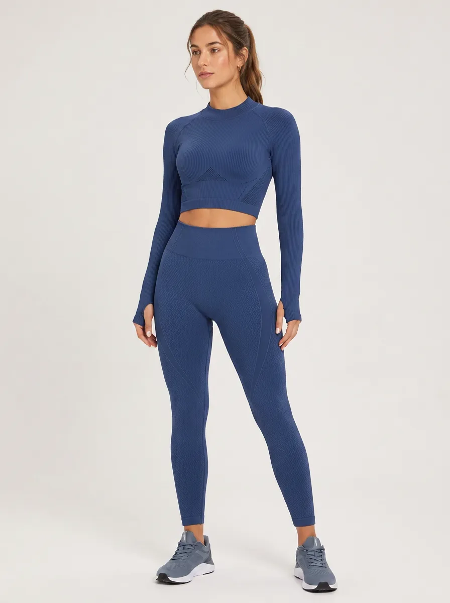Women's Blue Seamless Ribbed Long Sleeve Crop Top Leggings Set