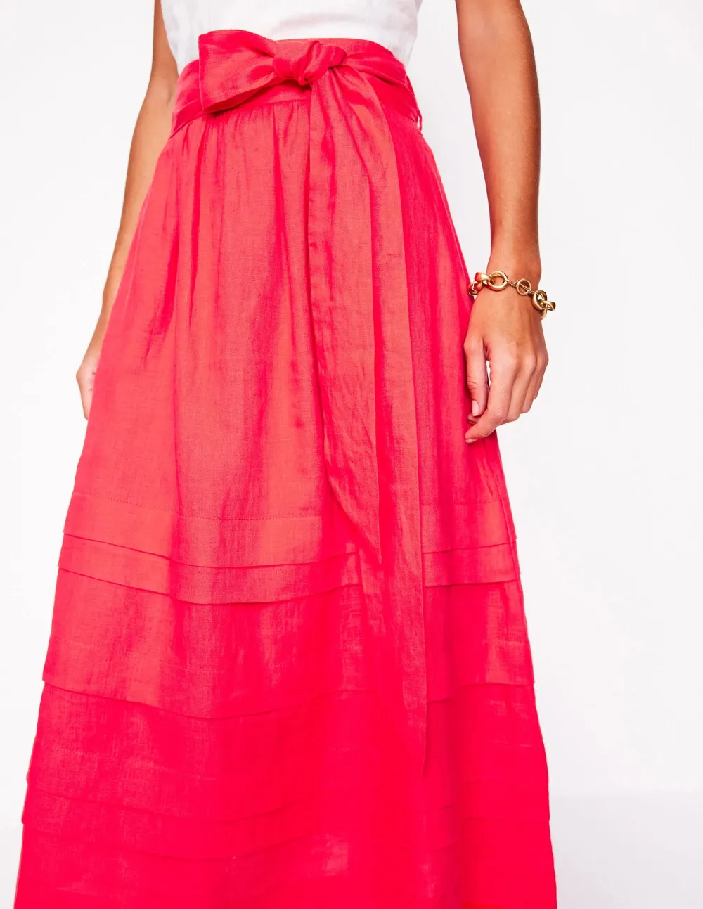 Pintuck Linen Midi Skirt