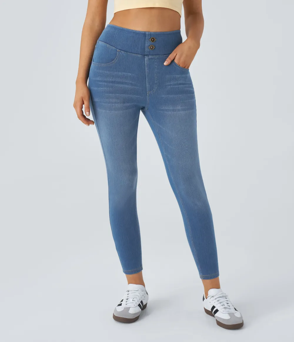 Magic Curvy High Waisted Decorative Button Multiple Pockets Washed Stretchy Knit Casual 7/8 Jeans