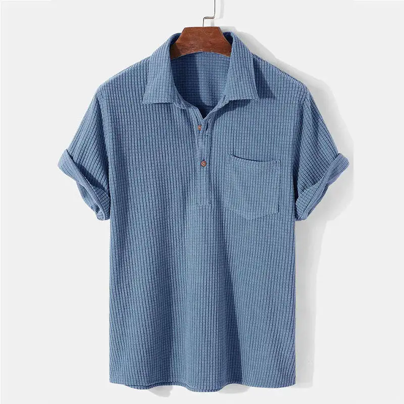 Waffle Texture Button Placket Chest Pocket Fine Knit Polo Shirt