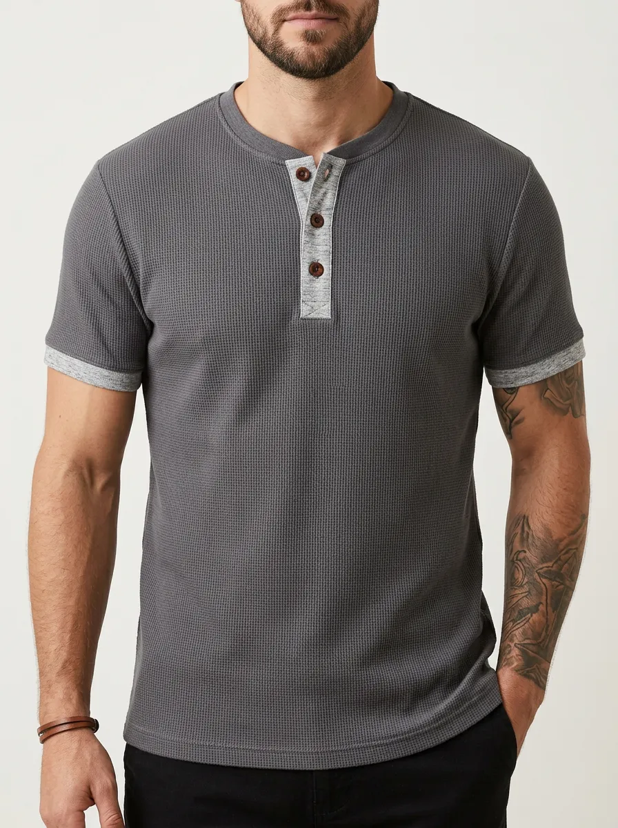 Waffle-Knit Button-Placket Contrast-Button Men's Short-Sleeve Henley Shirt