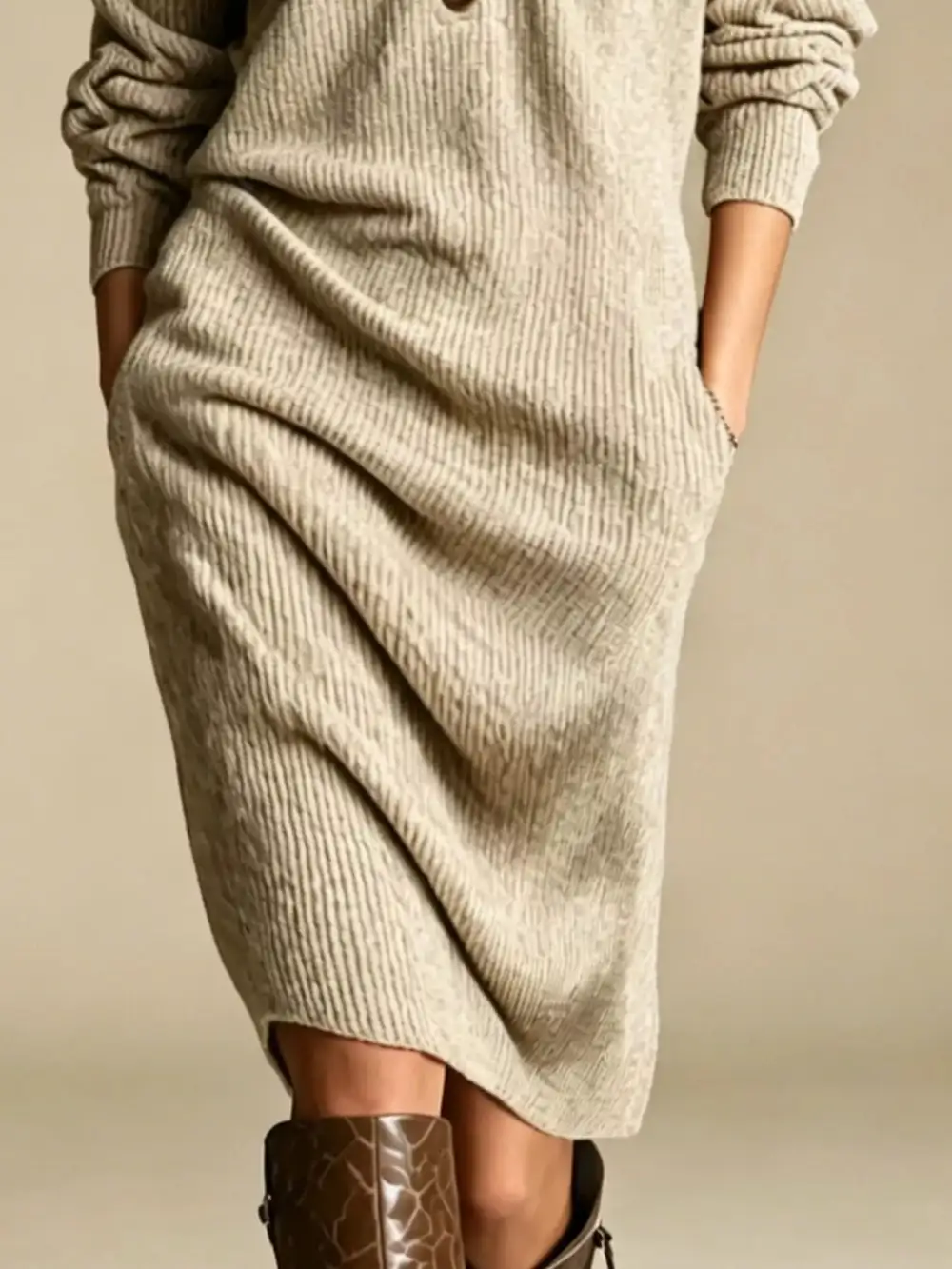 V-Neck Sweater Knit Pocketed Dress