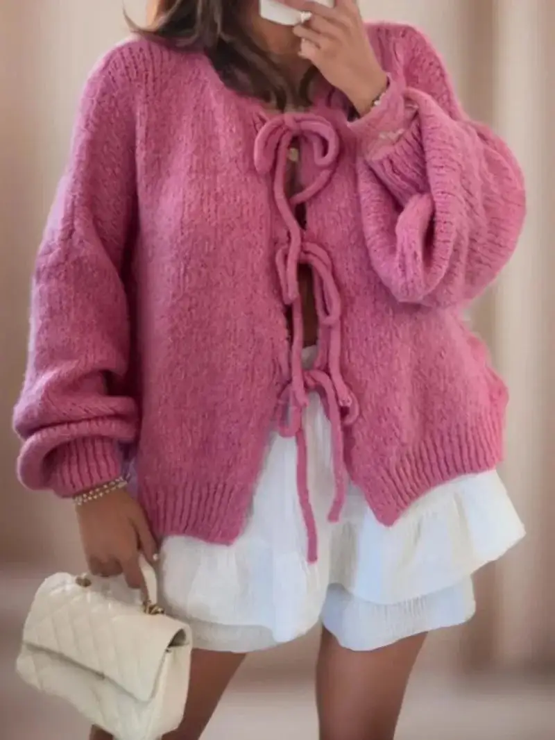 Soft Knit Tie Front Cardigan Balloon Sleeve Bow Detail