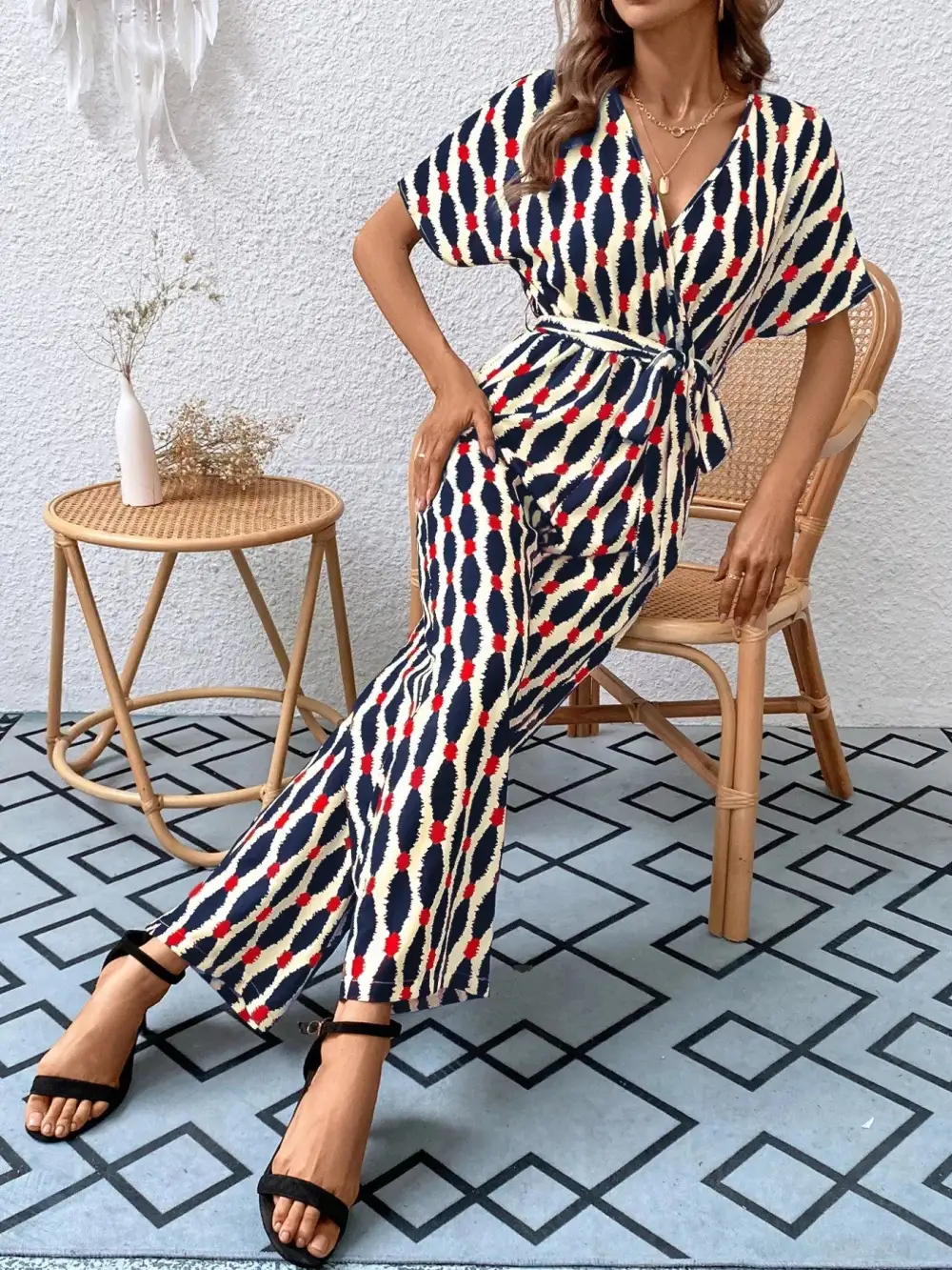 Printed Surplice Tie Waist Short Sleeve Shorts