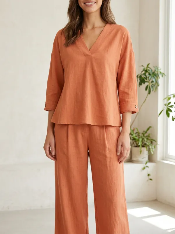 Short-Sleeve Three-Quarter-Sleeve Button-Detail Women's V-Neck Shirt