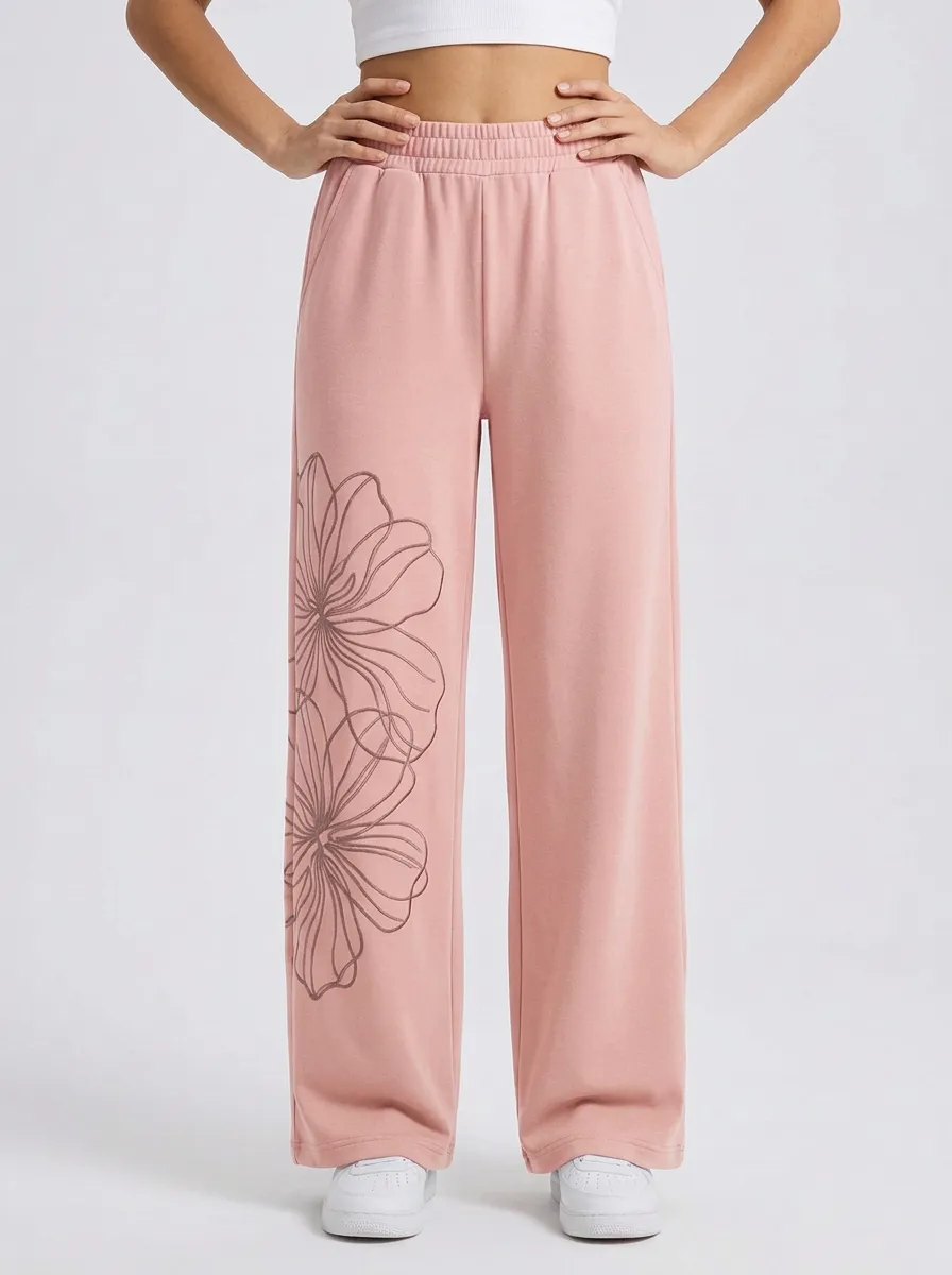 Women's Sage Green Floral Embroidered Wide-Leg Sweatpants