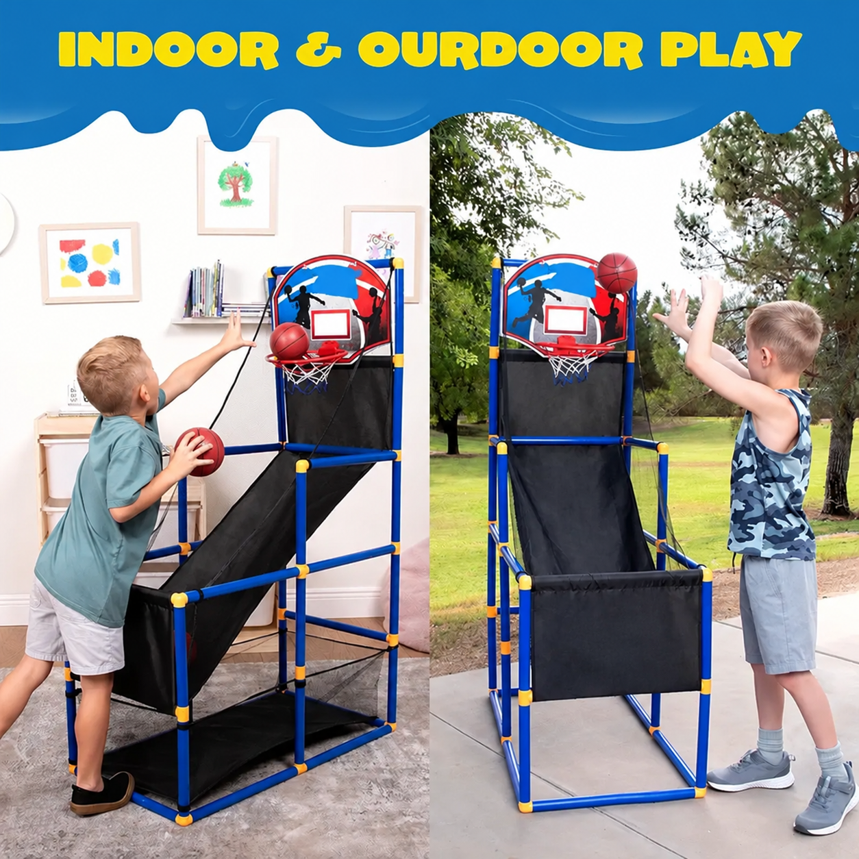 Indoor and outdoor basketball play scenes