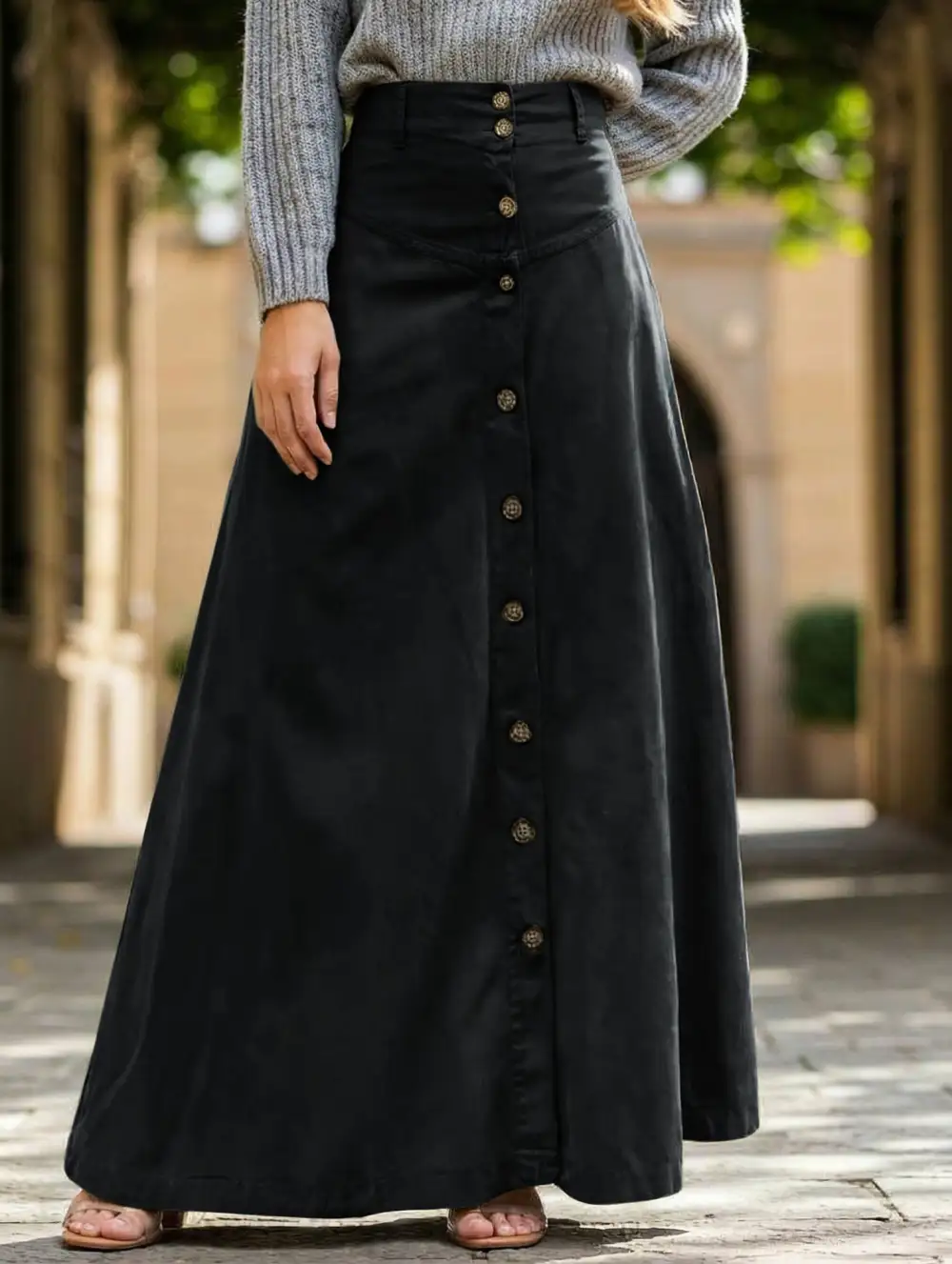 Button Front Slit A-Line Midi Skirt