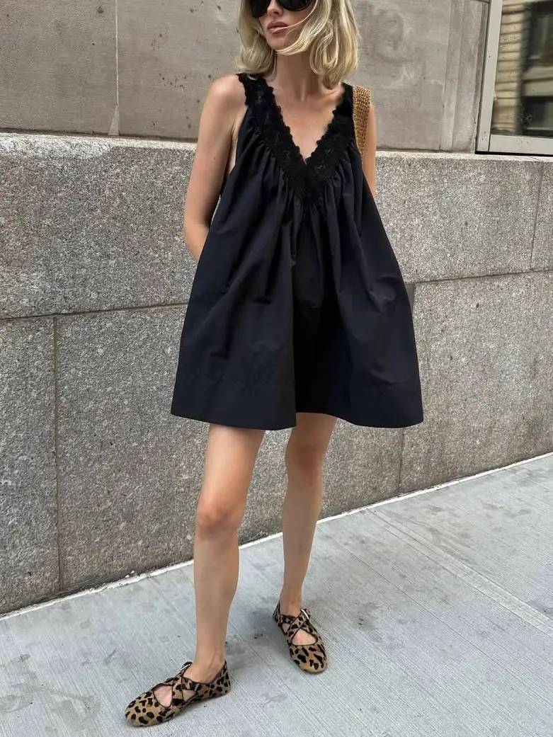 Vacation Style Neck Lace Splicing Mini Dress