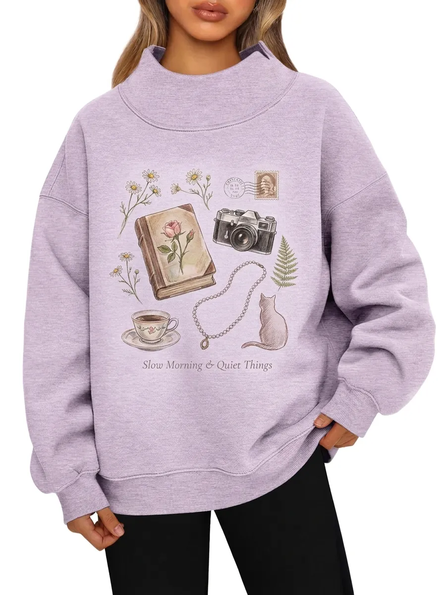 Women's Book Camera Cat Floral Graphic Sweatshirt