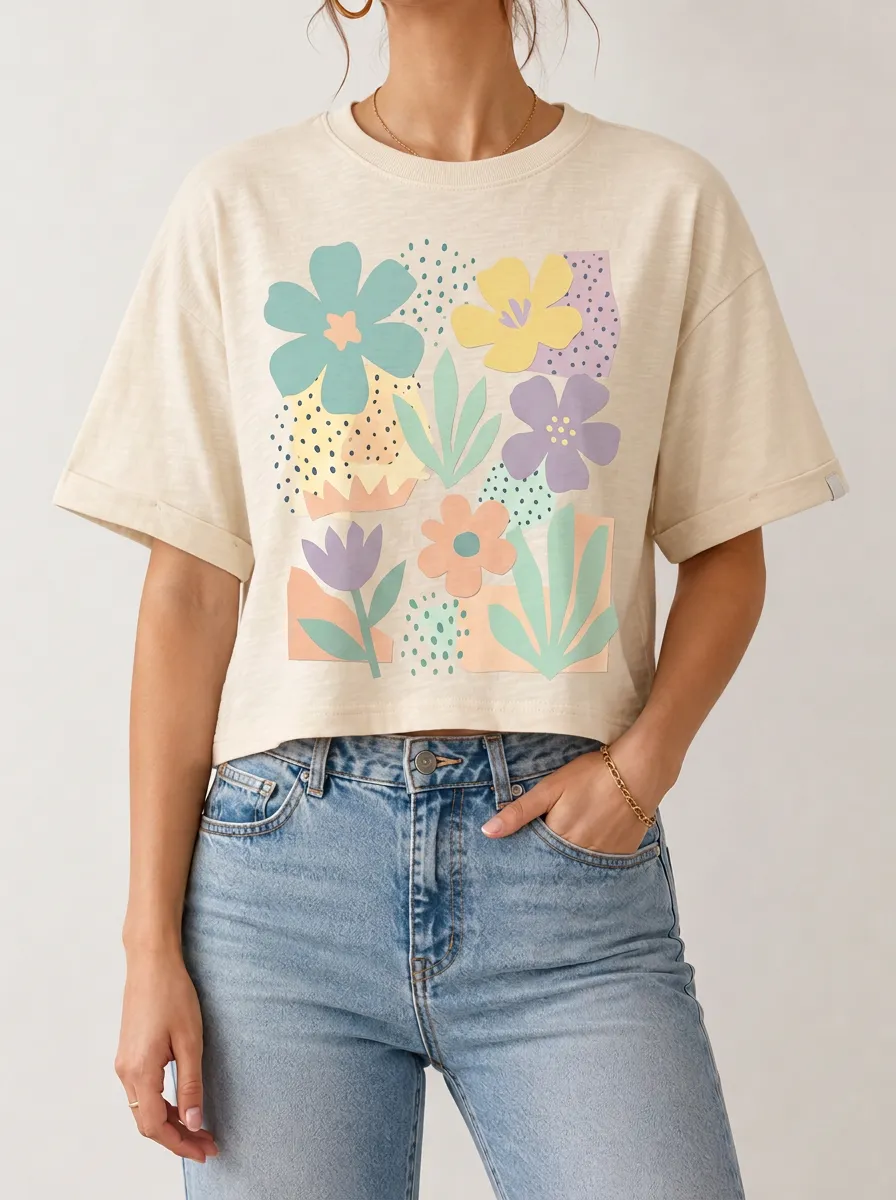 Women's Pastel Floral Botanical Abstract Printed Crop Top