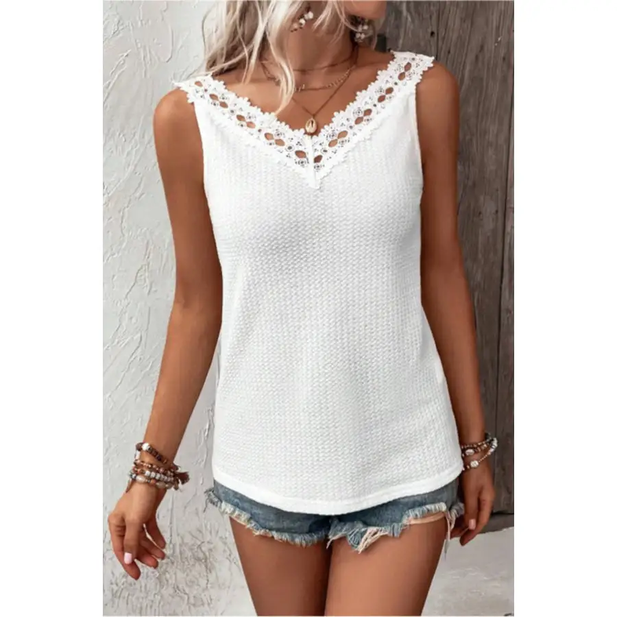 Lace Detail Textured V Neck Tank
