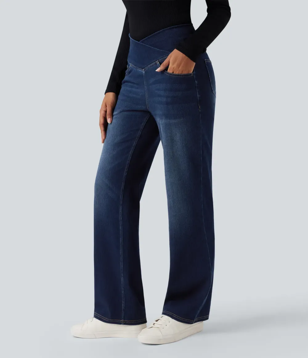 High-waisted, relaxed, crossover straight-leg jeans with  pockets