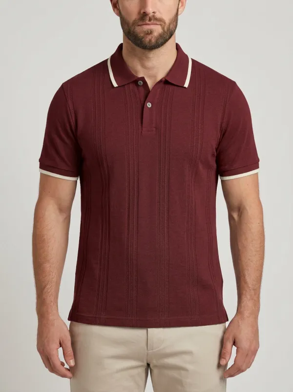 Men's Casual Grey Vertical Striped Textured Polo Shirt