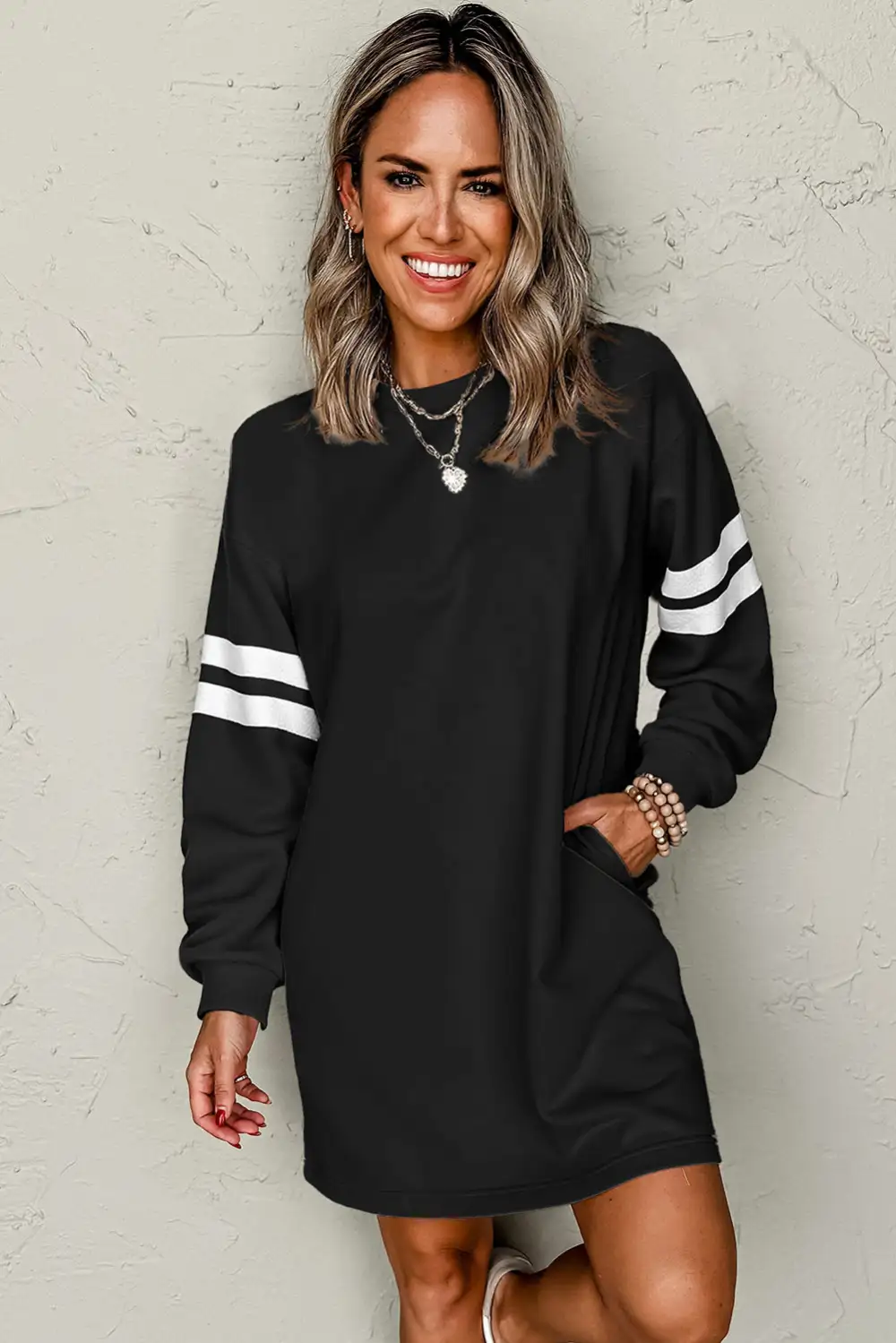 Varsity Contrast Banded Sleeve Shift Sweatshirt Dress Relaxed