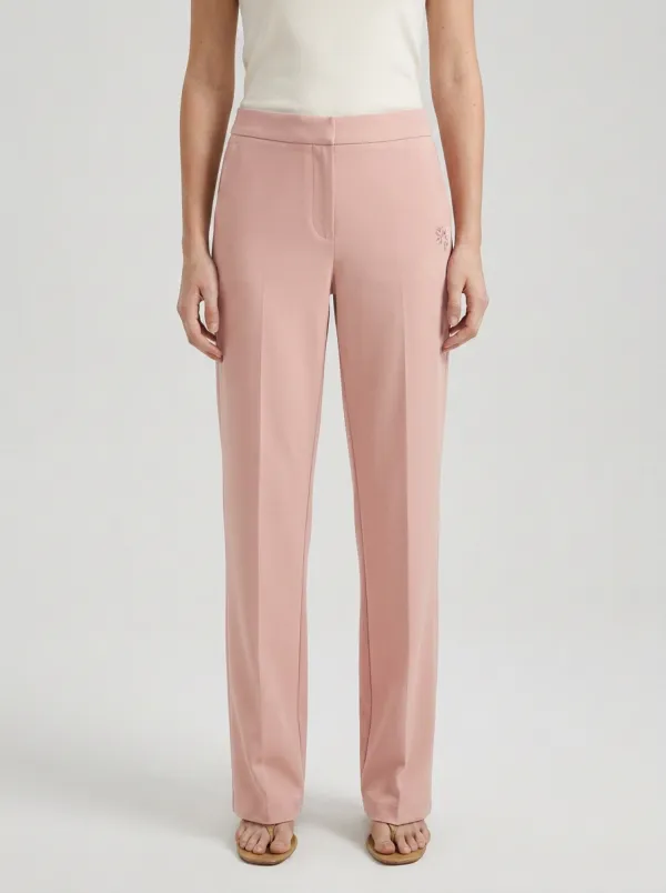 Women's Minimalist Floral Embroidery Mid-Rise Straight Leg Trousers