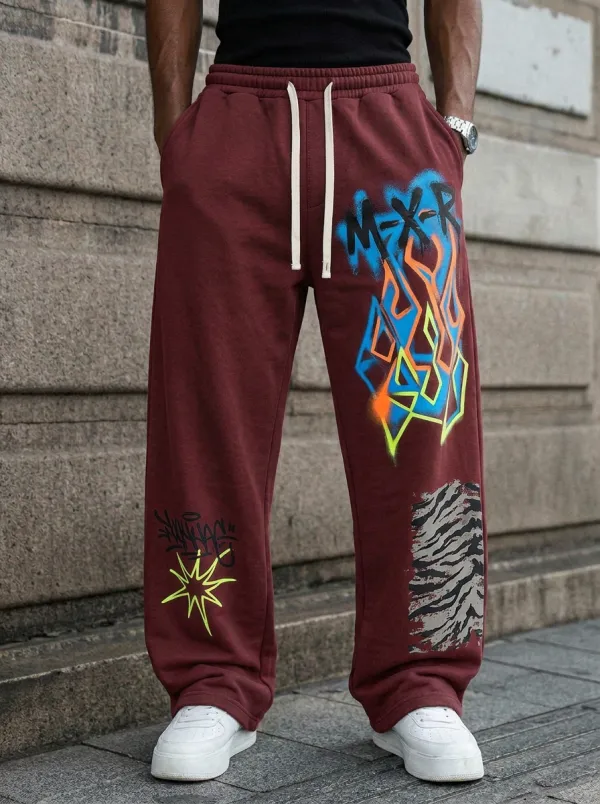 Men's Streetwear Graffiti Flame Tiger Stripe Printed Sweatpants