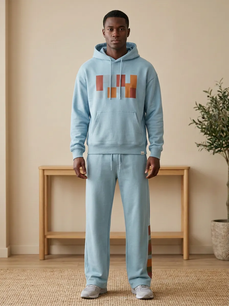 Men's Olive Geometric Block Printed Hoodie Sweatsuit Set