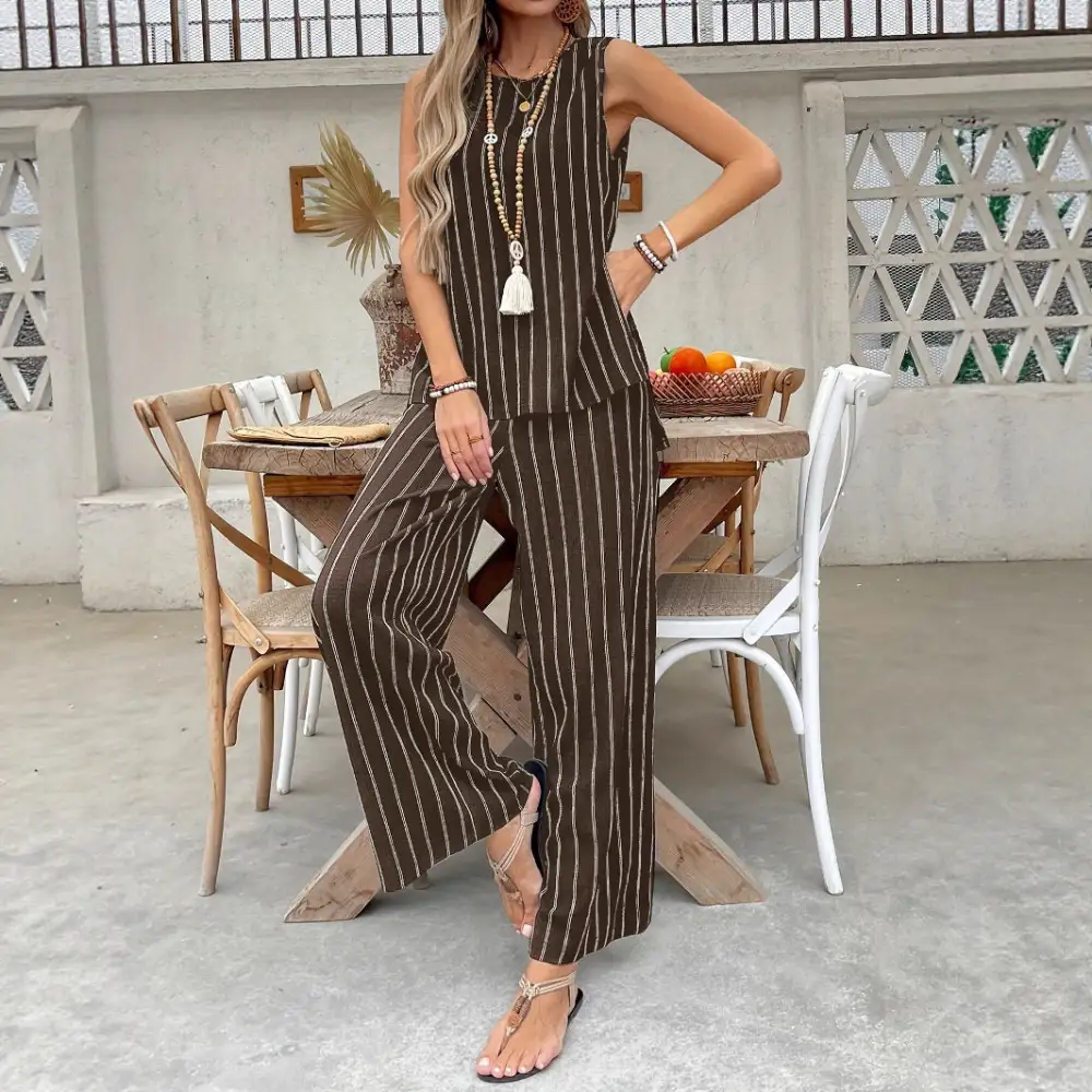 Soft Striped Vest Wide Leg Pants Set