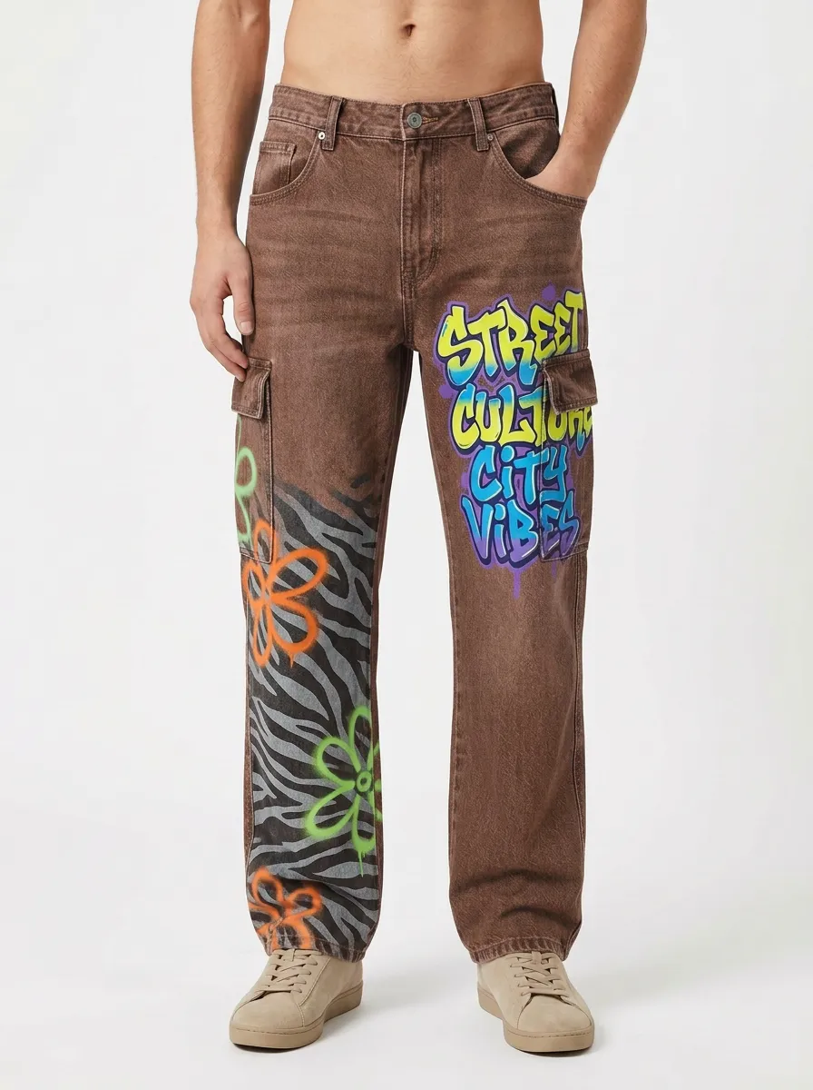 Men's Streetwear Street Culture Graffiti Zebra Flower Graphic Cargo Jeans