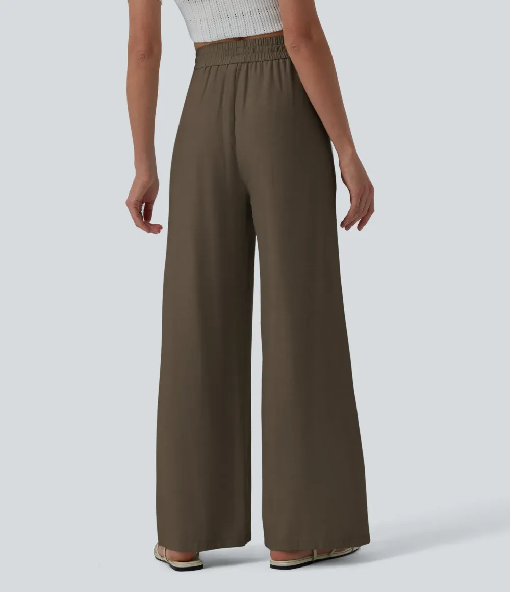 2026🔥High Waisted Drawstring Wide Leg Casual Linen-Blend Trousers with Pockets