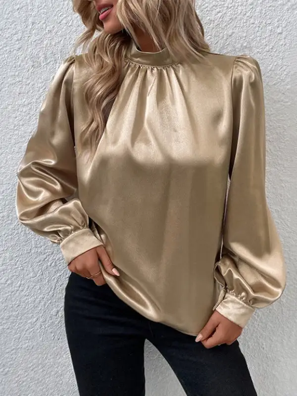 Long Sleeve Relaxed Pleat Detail Shiny Panel Detail Mock Neck T-Shirt