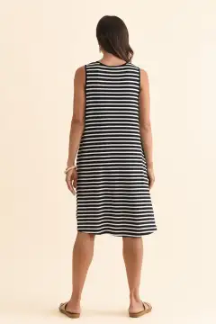 Knee-Length Striped Bamboo Pocket Round-Neck Sleeveless A-Line Dress