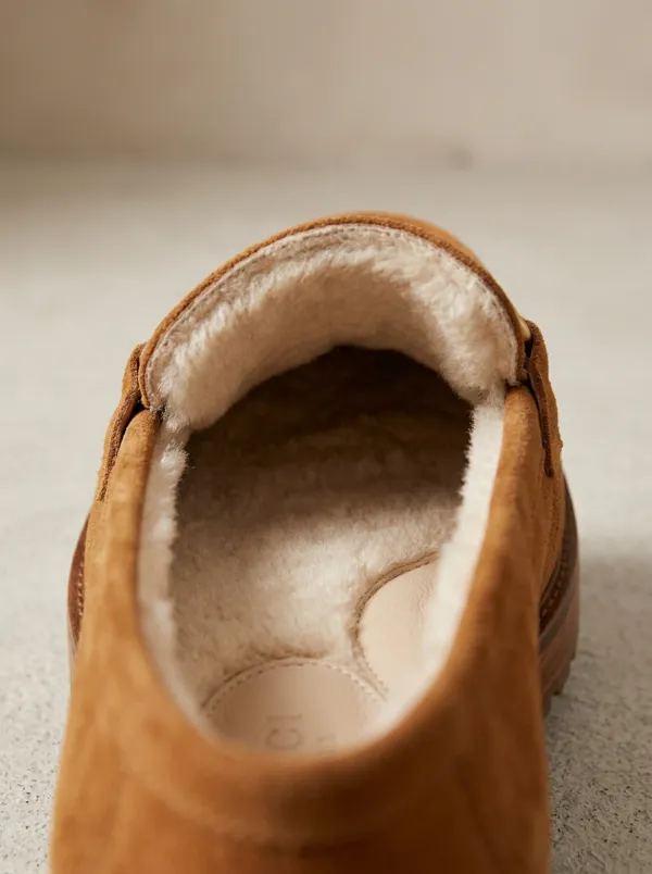 Women's Faux Fur Lined Metal Detail Classic Suede Wood Sole Loafers