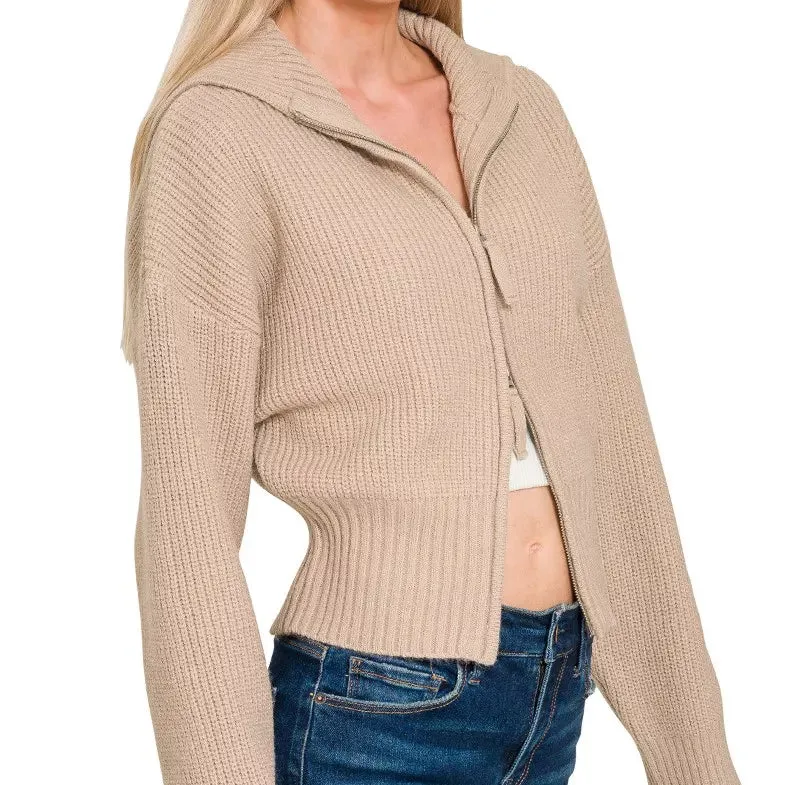 Cropped Zip Up Ribbed Knit Cardigan