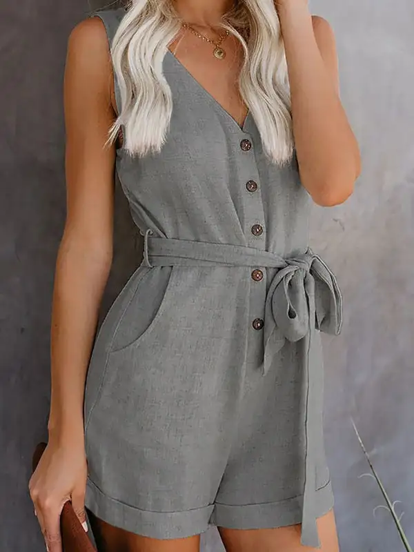 Woven V Neck Button Up Sleeveless Jumpsuit