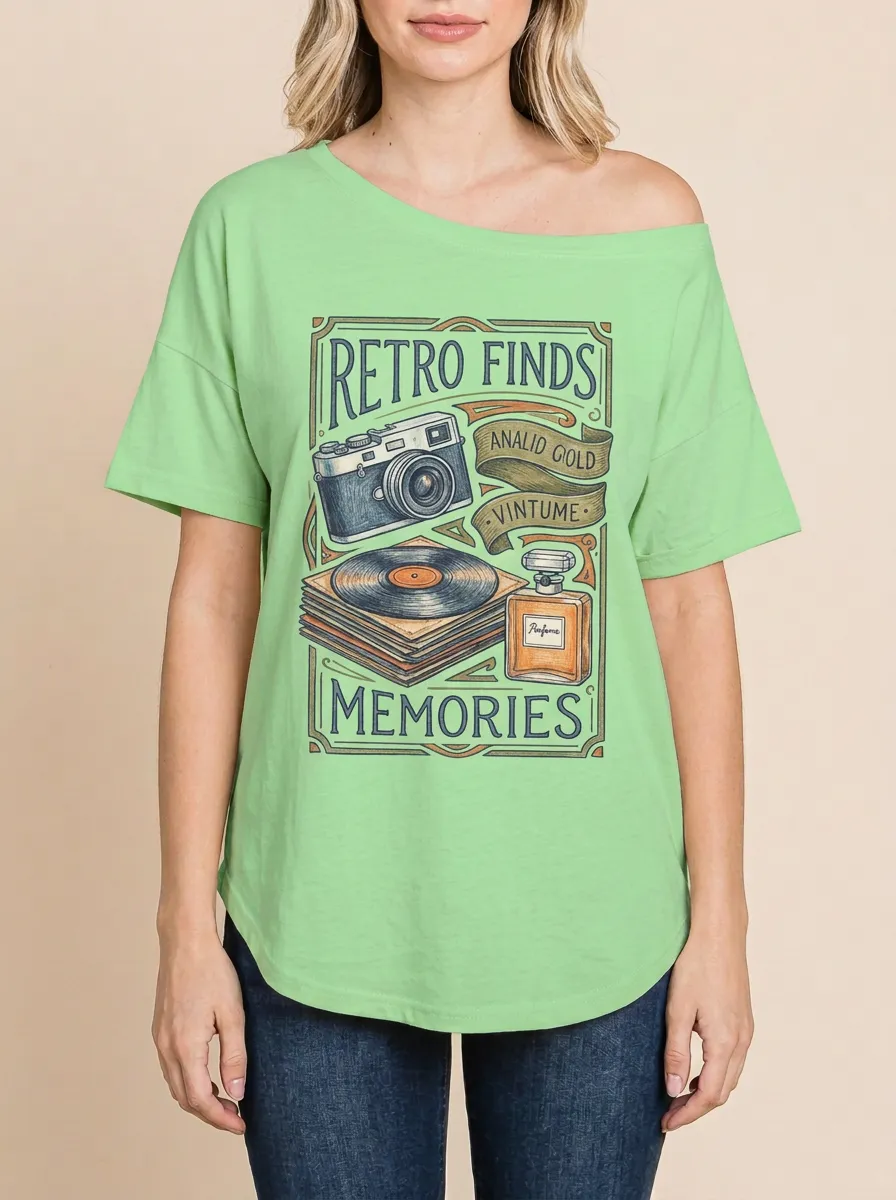 Women's Retro Nostalgia Camera Vinyl Perfume Printed T-Shirt