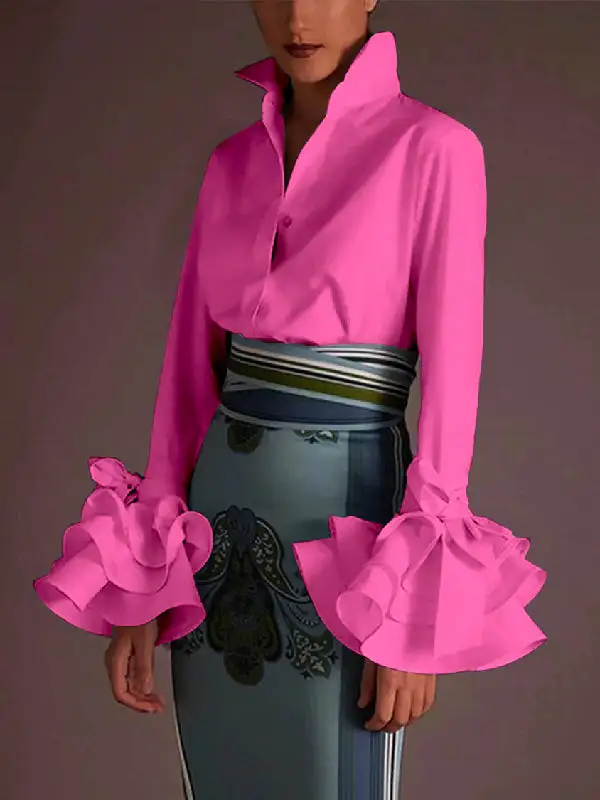 Women's Cotton Ruffled Lapel-Collar Blouse