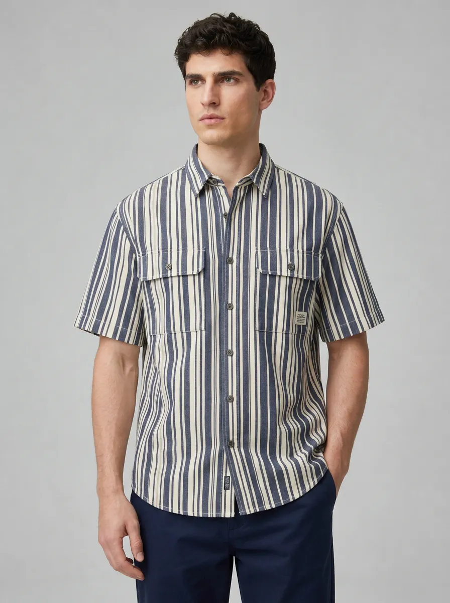Men's Navy and Cream Striped Short-Sleeve Utility Shirt