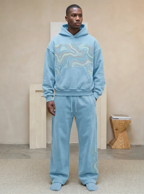 Men's Abstract Topographic Line Printed Hoodie Sweatpants Set