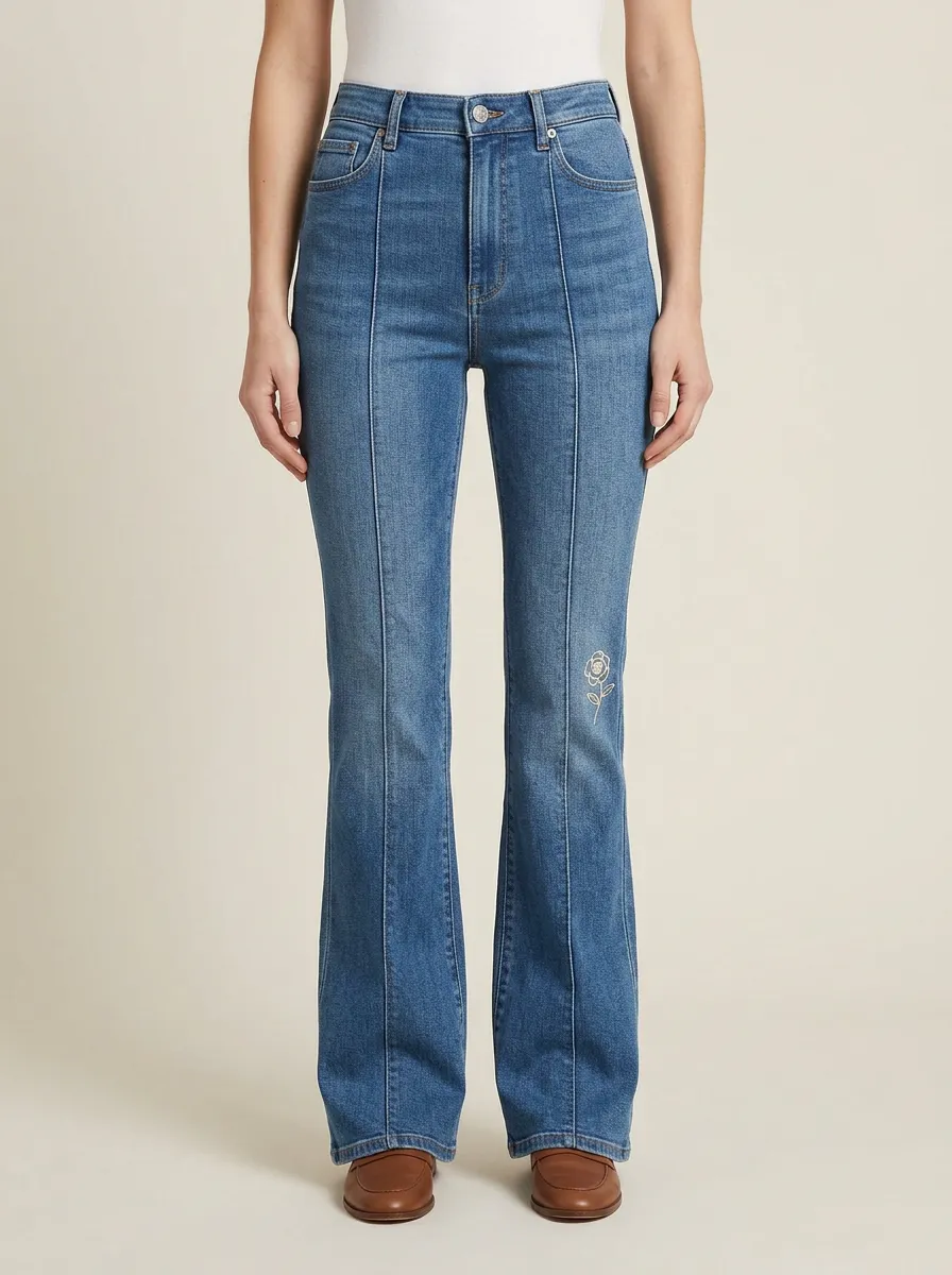 Women's Minimal Floral Thigh Embroidered Clean-Hem Front-Seam Flare Jeans
