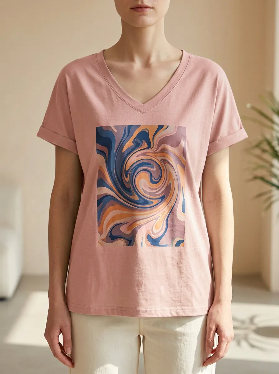Women's Retro Abstract Swirl Pattern Printed V-Neck T-Shirt
