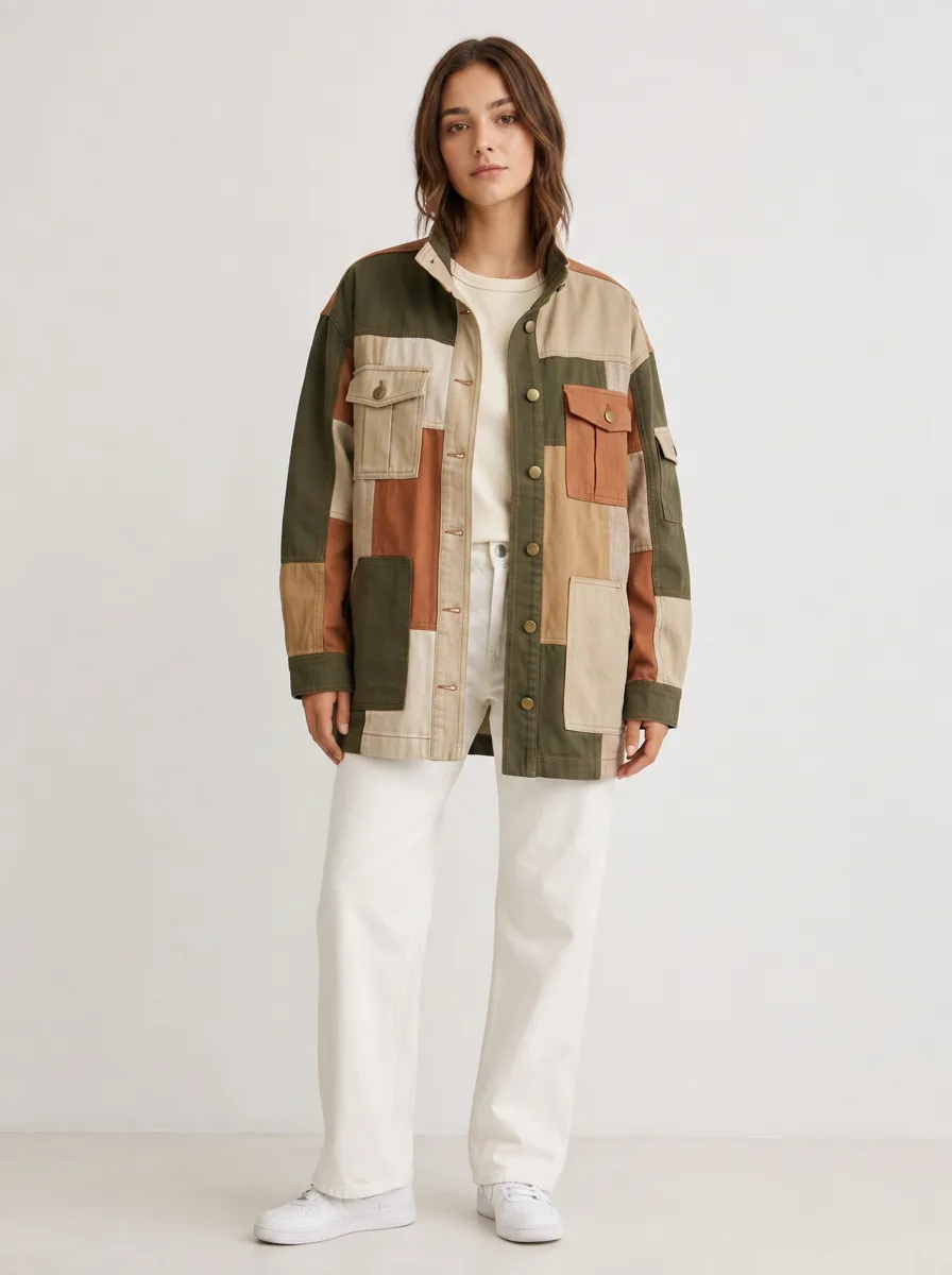 Women's Casual Fashion Earth Tone Patchwork Printed Jacket