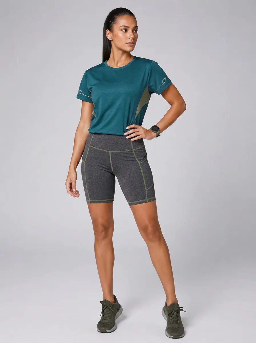 Women's Athletic Fitness Teal T-shirt Grey Biker Shorts Printed Set