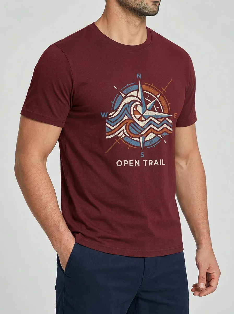 Men's Outdoor Adventure Compass Wave Printed T-shirt