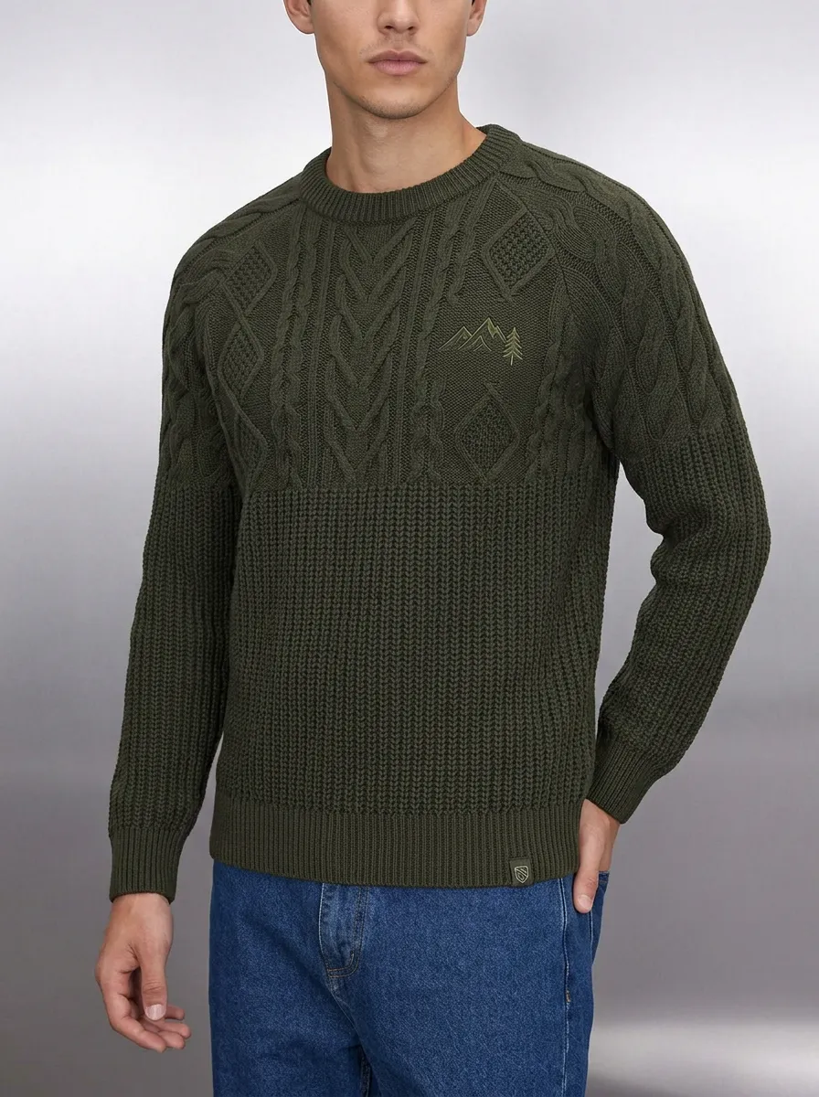 Men's Olive Green Outdoor Mountain Tree Embroidered Knit Sweater