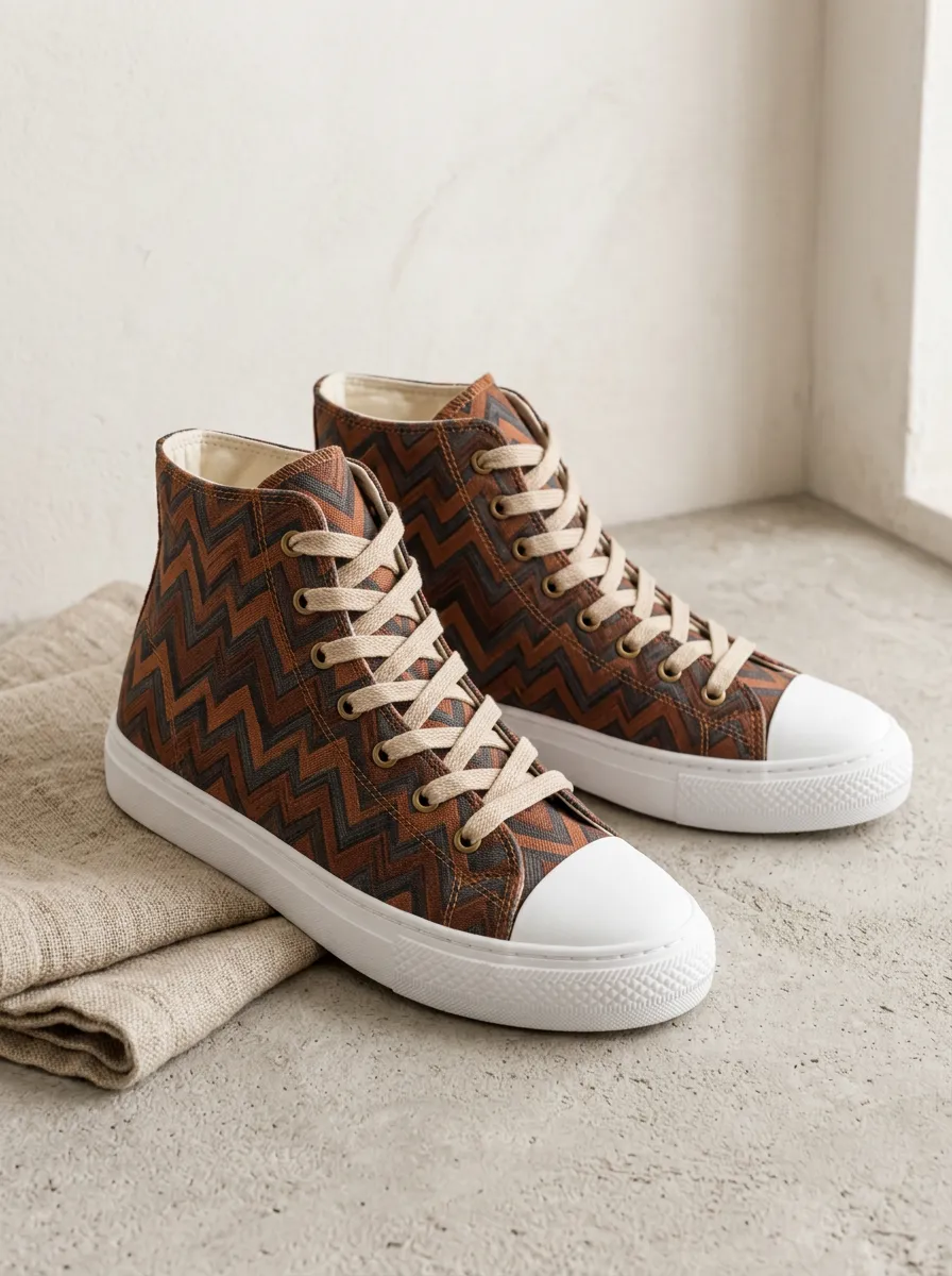 Men's Brown Zigzag Pattern Printed Canvas High Top Shoes