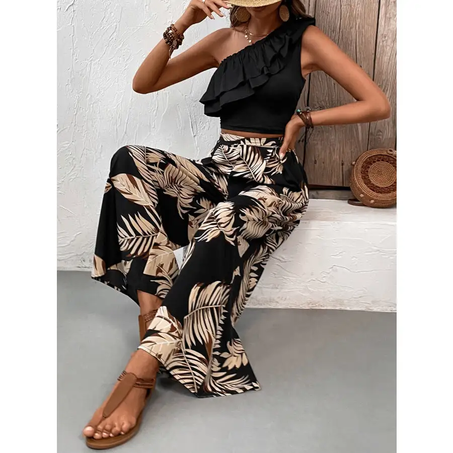 Ruffled Sleeveless Top and Printed Pants Set