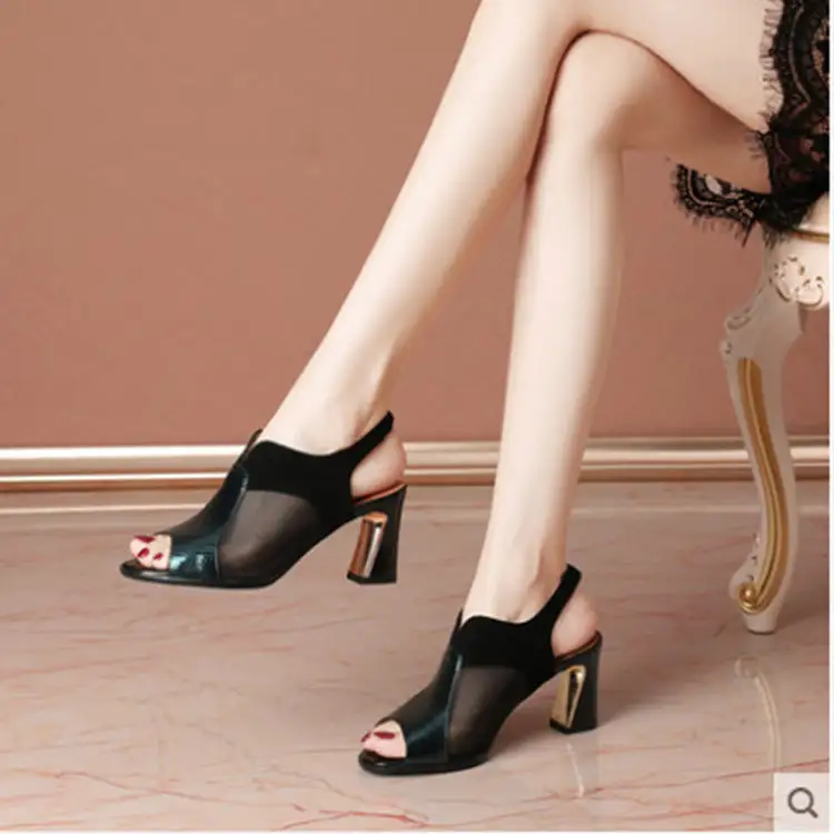 Peep Toe Mesh Block Heel Sandals