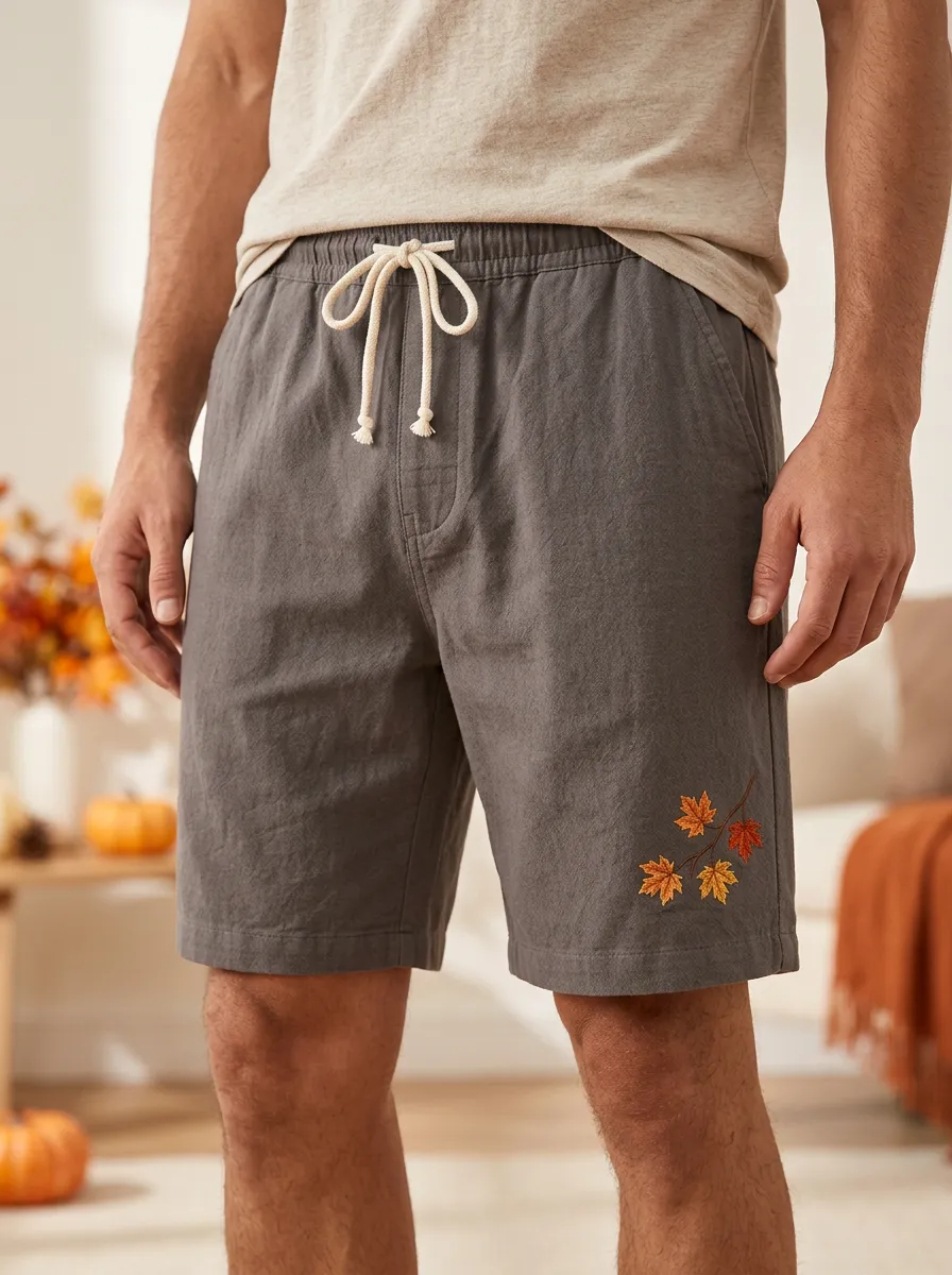 Embroidered Maple Leaf Drawstring Shorts