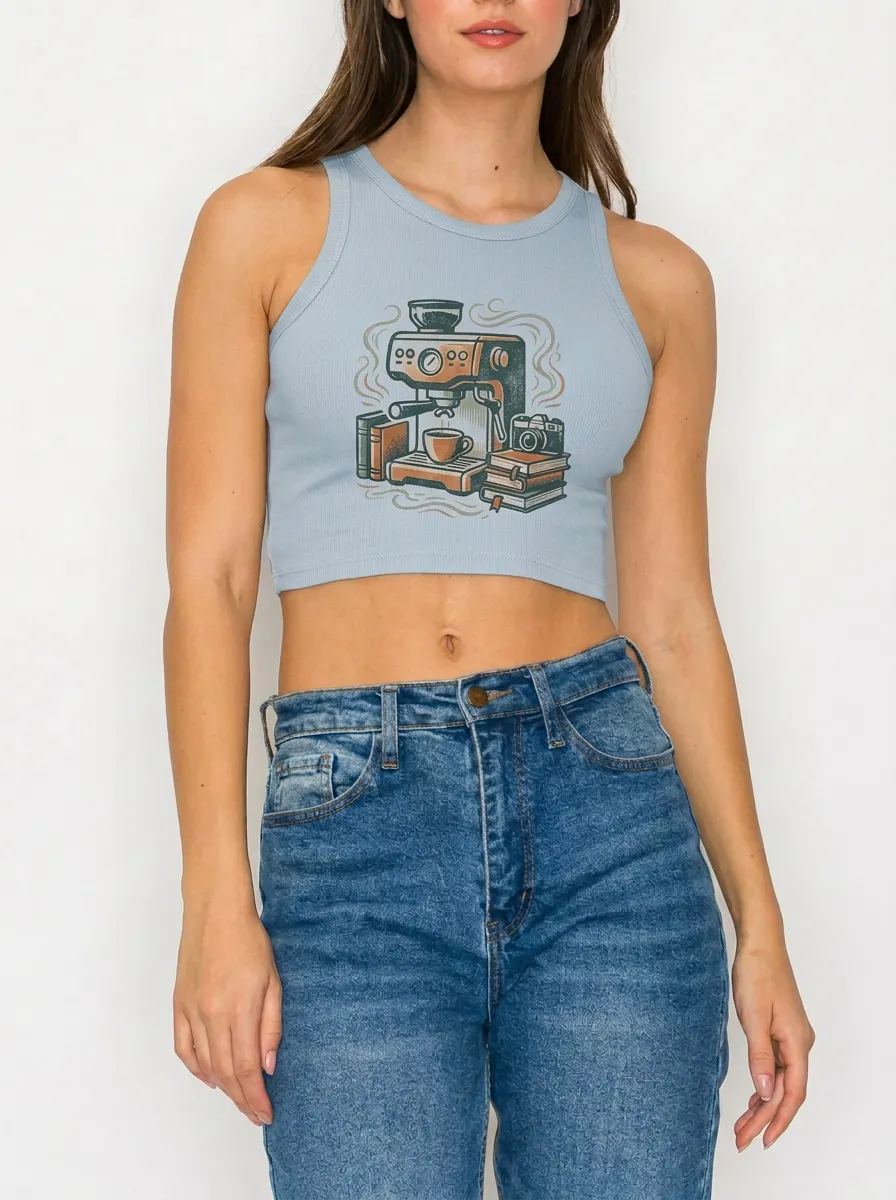 Women's Coffee Lover Book Camera Printed Ribbed Crop Top